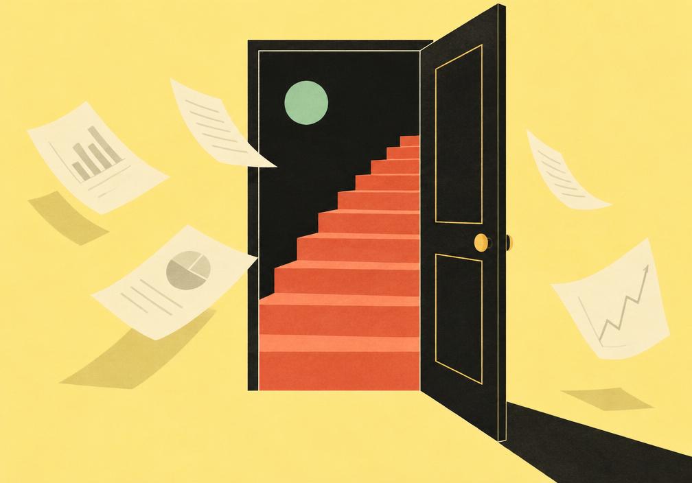 An open door revealing a staircase and a moon